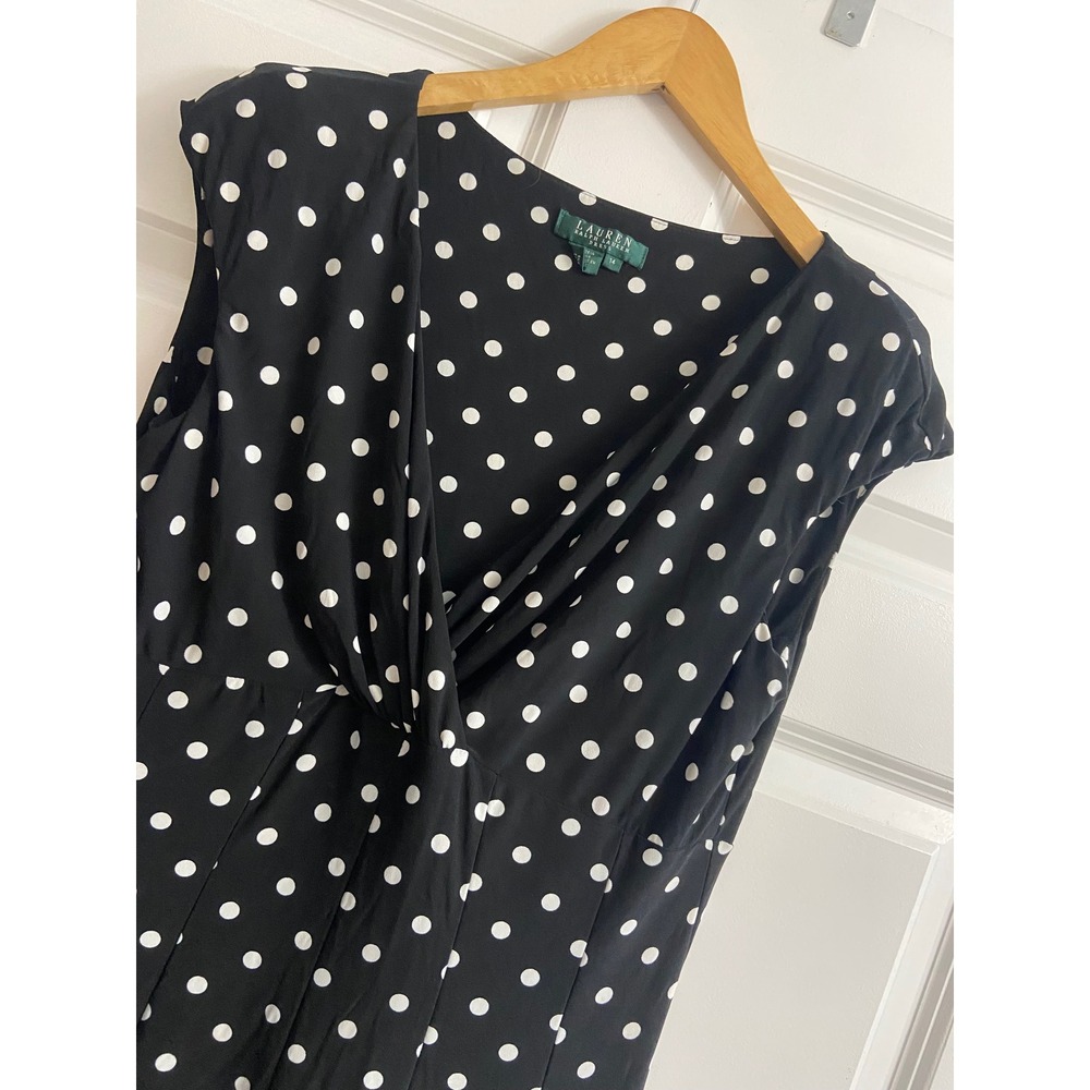 Lauren Ralph Lauren Black White Polka Dot Twist Waist V-Neck Midi Dress 14
